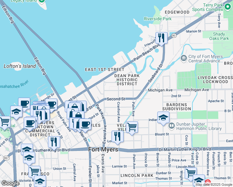 map of restaurants, bars, coffee shops, grocery stores, and more near 2709 Second Street in Fort Myers
