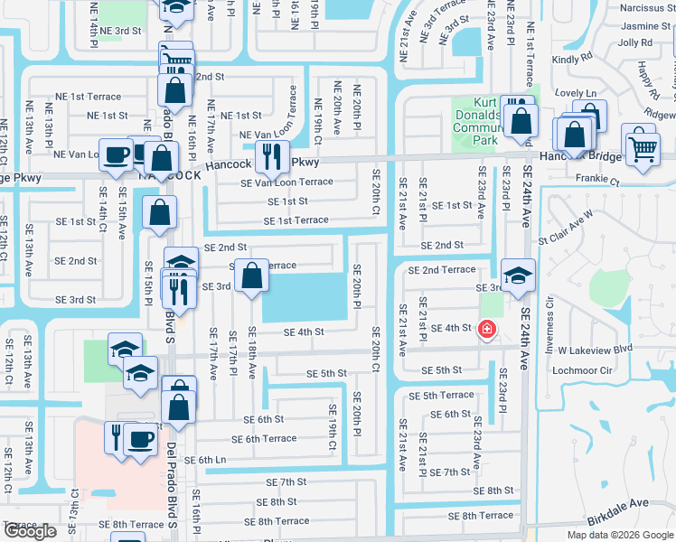 map of restaurants, bars, coffee shops, grocery stores, and more near 219 Southeast 19th Court in Cape Coral