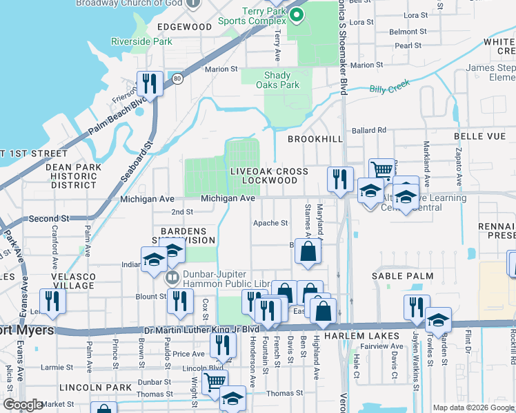map of restaurants, bars, coffee shops, grocery stores, and more near 1645 Henderson Avenue in Fort Myers