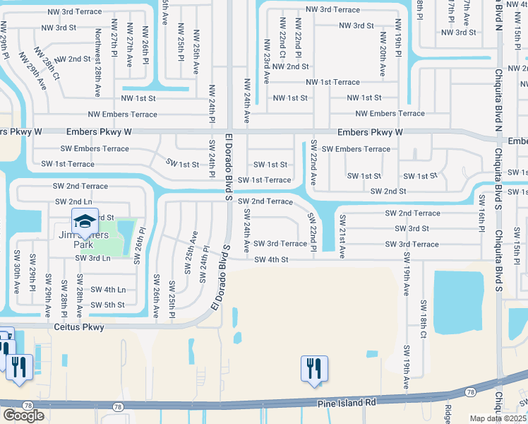 map of restaurants, bars, coffee shops, grocery stores, and more near 2235 Southwest 2nd Lane in Cape Coral