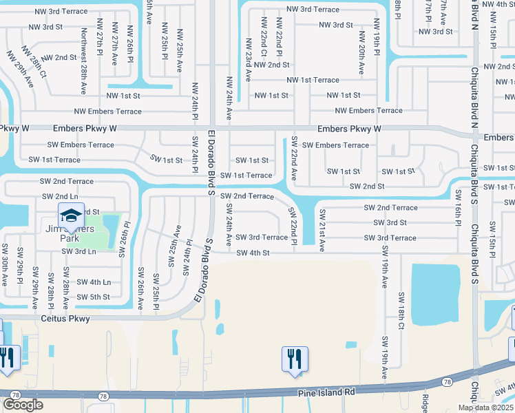 map of restaurants, bars, coffee shops, grocery stores, and more near 2223 Southwest 2nd Lane in Cape Coral