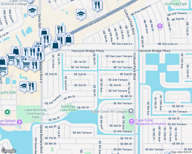 map of restaurants, bars, coffee shops, grocery stores, and more near 212 Southeast 5th Avenue in Cape Coral