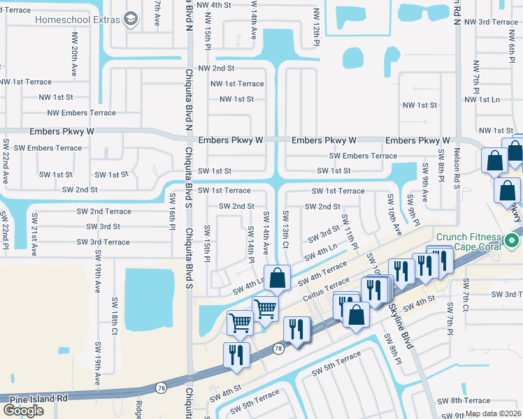 map of restaurants, bars, coffee shops, grocery stores, and more near 200 Southwest 14th Avenue in Cape Coral