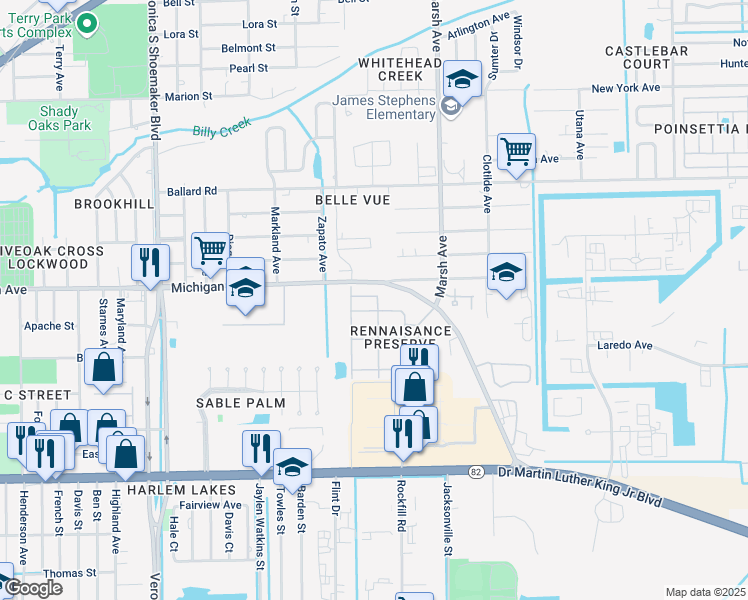 map of restaurants, bars, coffee shops, grocery stores, and more near 108 Romeo Lane in Fort Myers