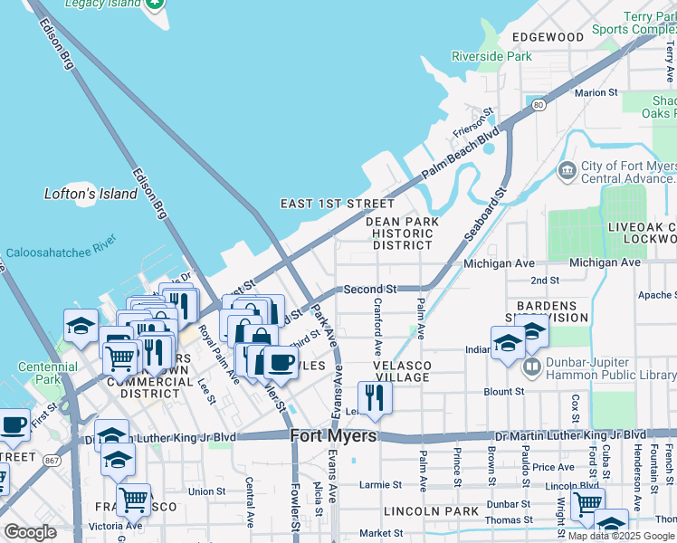 map of restaurants, bars, coffee shops, grocery stores, and more near 1626 Avalon Place in Fort Myers