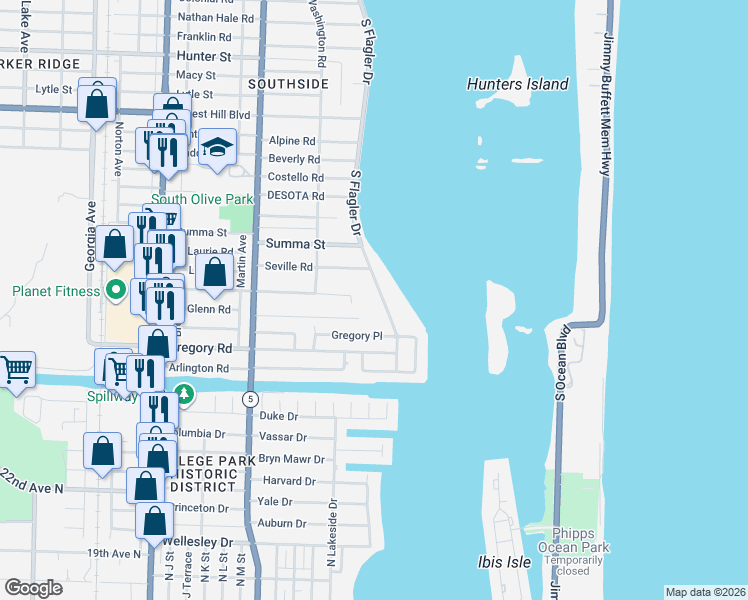 map of restaurants, bars, coffee shops, grocery stores, and more near 101 Rutland Boulevard in West Palm Beach