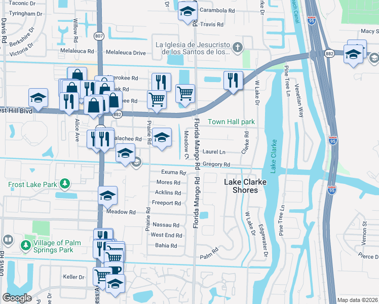 map of restaurants, bars, coffee shops, grocery stores, and more near 1950 Meadow Court in West Palm Beach