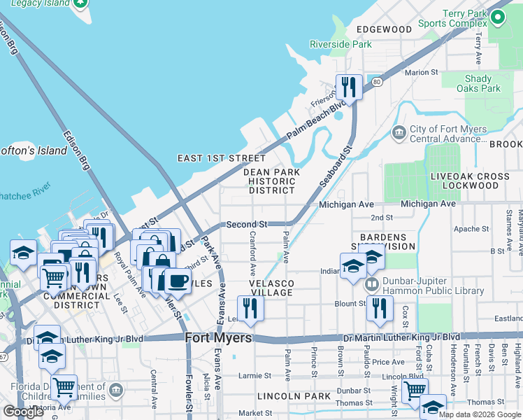 map of restaurants, bars, coffee shops, grocery stores, and more near 2709 Second Street in Fort Myers