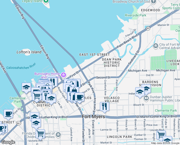 map of restaurants, bars, coffee shops, grocery stores, and more near 1626 Avalon Place in Fort Myers
