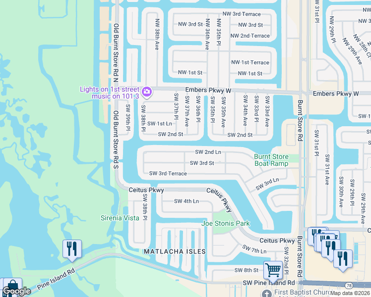 map of restaurants, bars, coffee shops, grocery stores, and more near 3627 Southwest 2nd Lane in Cape Coral