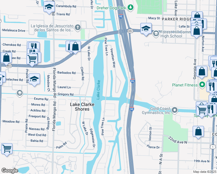 map of restaurants, bars, coffee shops, grocery stores, and more near 7404 Pine Tree Lane in West Palm Beach