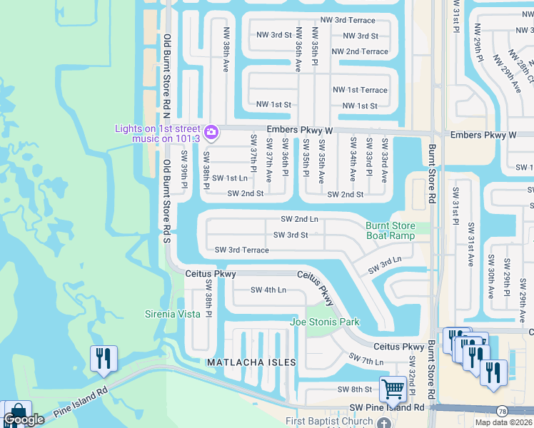 map of restaurants, bars, coffee shops, grocery stores, and more near 3627 Southwest 2nd Lane in Cape Coral