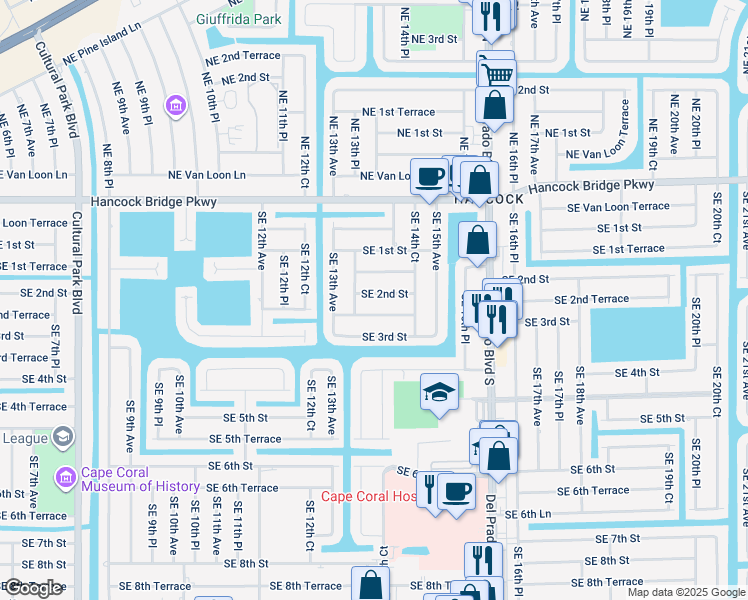 map of restaurants, bars, coffee shops, grocery stores, and more near 1328 Southeast 2nd Street in Cape Coral