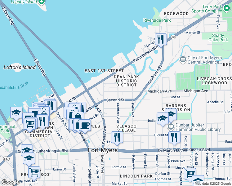 map of restaurants, bars, coffee shops, grocery stores, and more near 2709 Second Street in Fort Myers