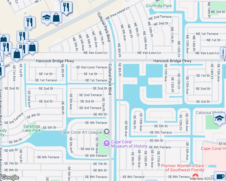map of restaurants, bars, coffee shops, grocery stores, and more near 217 Cultural Park Boulevard in Cape Coral