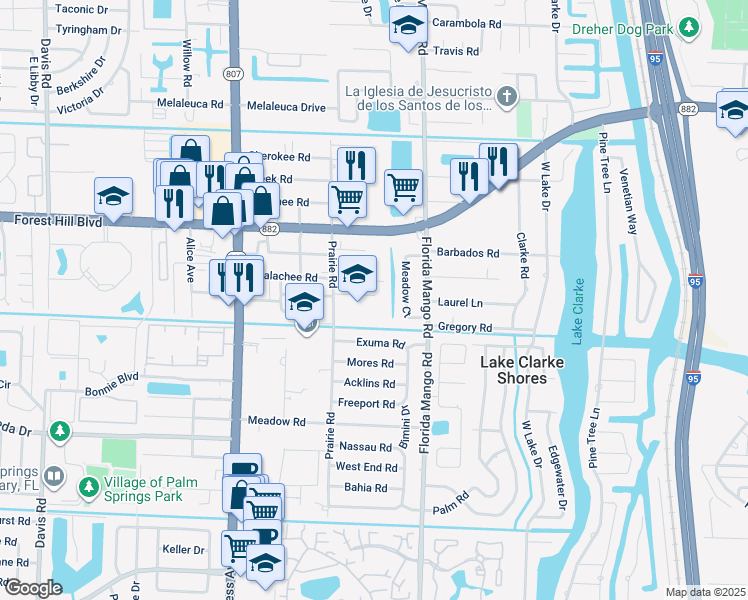 map of restaurants, bars, coffee shops, grocery stores, and more near 1974 Prairie Road in West Palm Beach