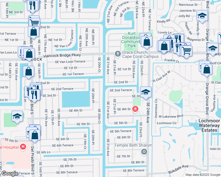 map of restaurants, bars, coffee shops, grocery stores, and more near 2105 Southeast 2nd Terrace in Cape Coral