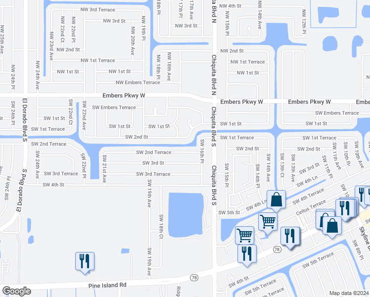 map of restaurants, bars, coffee shops, grocery stores, and more near 1707 Southwest 2nd Terrace in Cape Coral