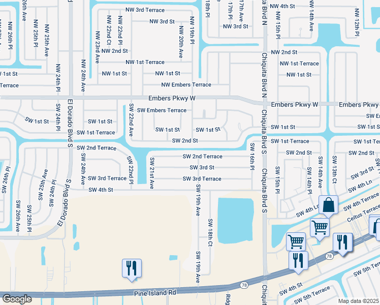 map of restaurants, bars, coffee shops, grocery stores, and more near 1916 Southwest 2nd Terrace in Cape Coral
