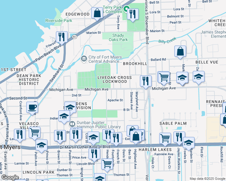 map of restaurants, bars, coffee shops, grocery stores, and more near 1645 Henderson Avenue in Fort Myers