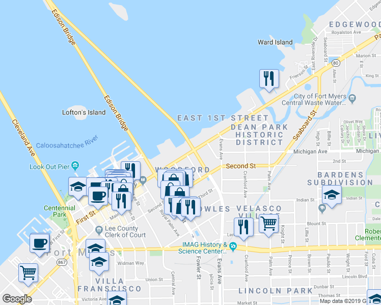 map of restaurants, bars, coffee shops, grocery stores, and more near 2556 1st Street in Fort Myers