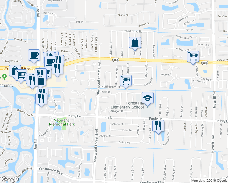map of restaurants, bars, coffee shops, grocery stores, and more near 2396 Daphne Drive in West Palm Beach