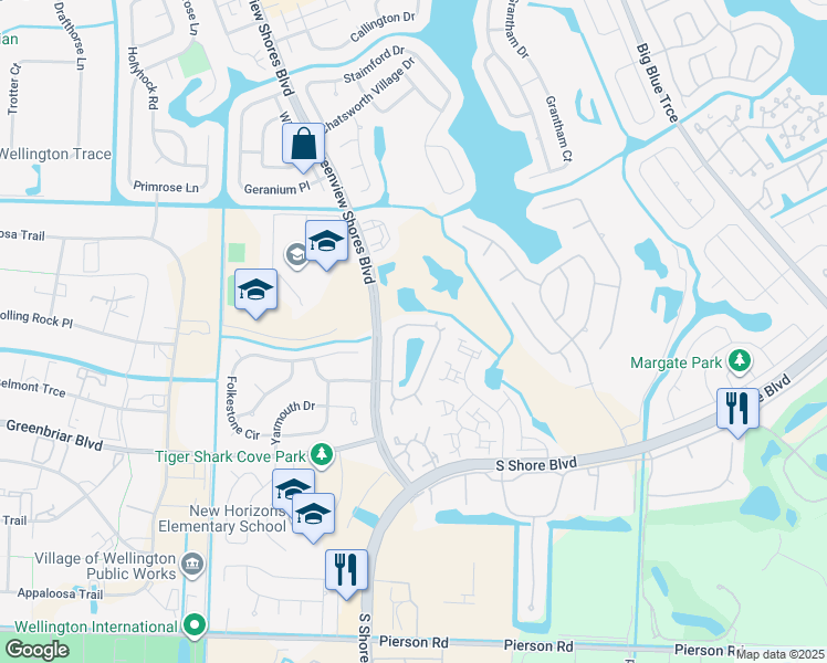 map of restaurants, bars, coffee shops, grocery stores, and more near 2357 Stonegate Drive in Wellington