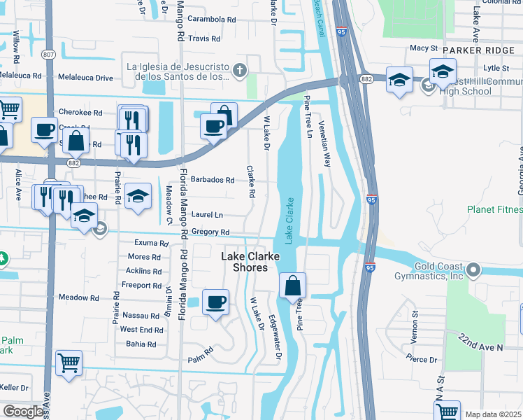 map of restaurants, bars, coffee shops, grocery stores, and more near 7410 West Lake Drive in West Palm Beach