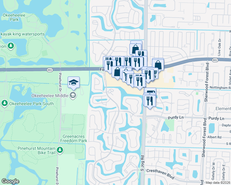 map of restaurants, bars, coffee shops, grocery stores, and more near 100 River Bridge Boulevard in Greenacres