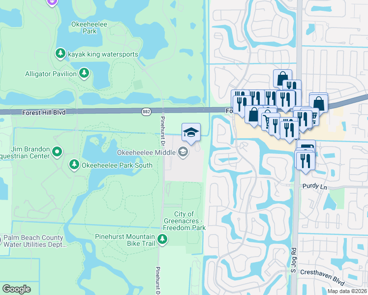 map of restaurants, bars, coffee shops, grocery stores, and more near 2200 Pinehurst Drive in Greenacres