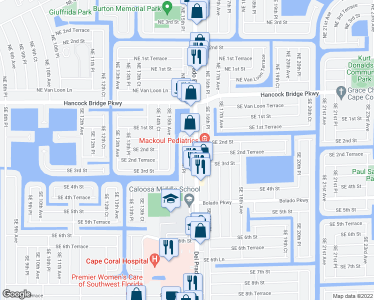 map of restaurants, bars, coffee shops, grocery stores, and more near 211 Southeast 15th Place in Cape Coral