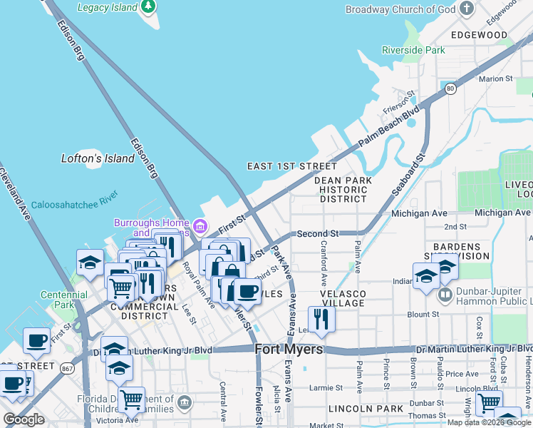 map of restaurants, bars, coffee shops, grocery stores, and more near 2572 1st Street in Fort Myers