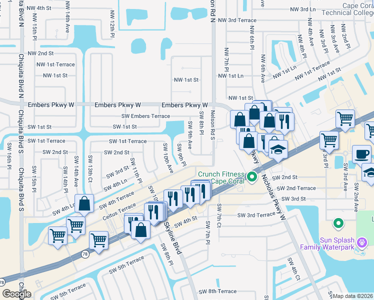 map of restaurants, bars, coffee shops, grocery stores, and more near 211 Southwest 9th Place in Cape Coral