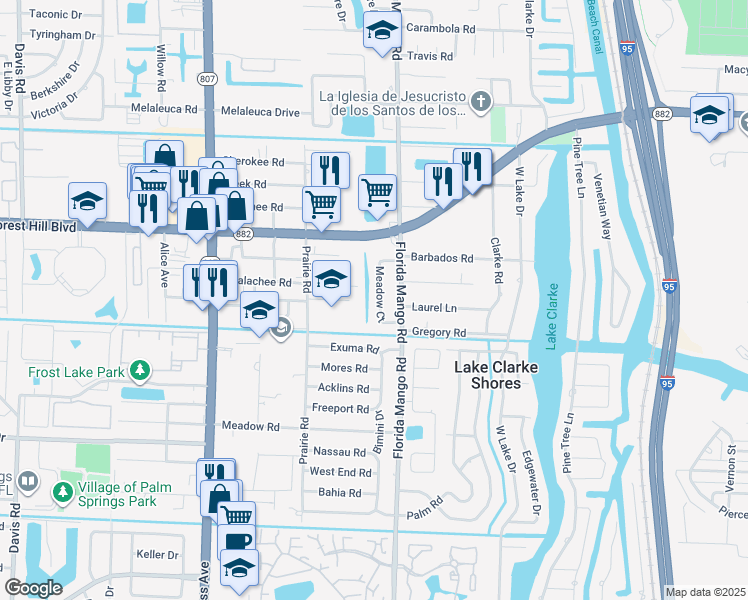 map of restaurants, bars, coffee shops, grocery stores, and more near 1950 Meadow Court in West Palm Beach