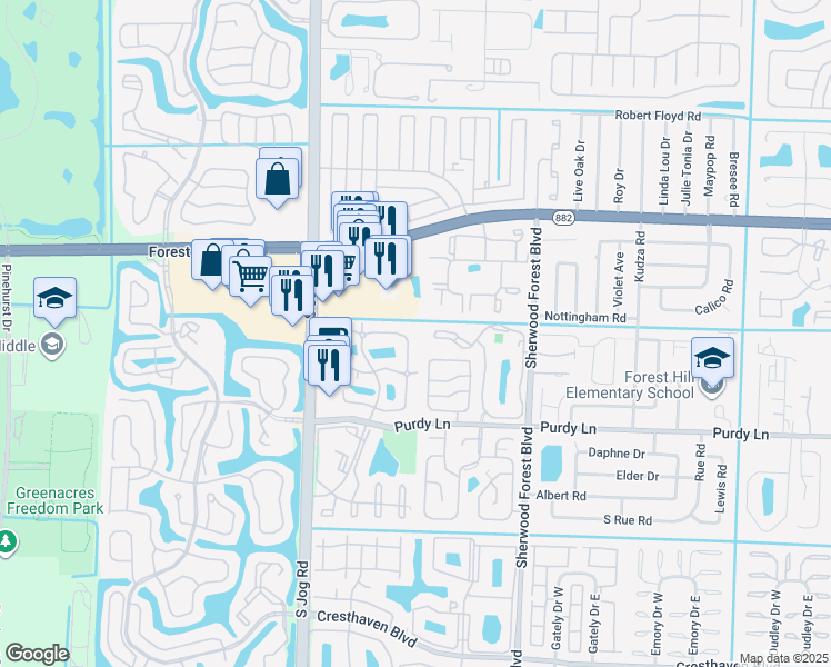 map of restaurants, bars, coffee shops, grocery stores, and more near 2168 White Pine Circle in Greenacres