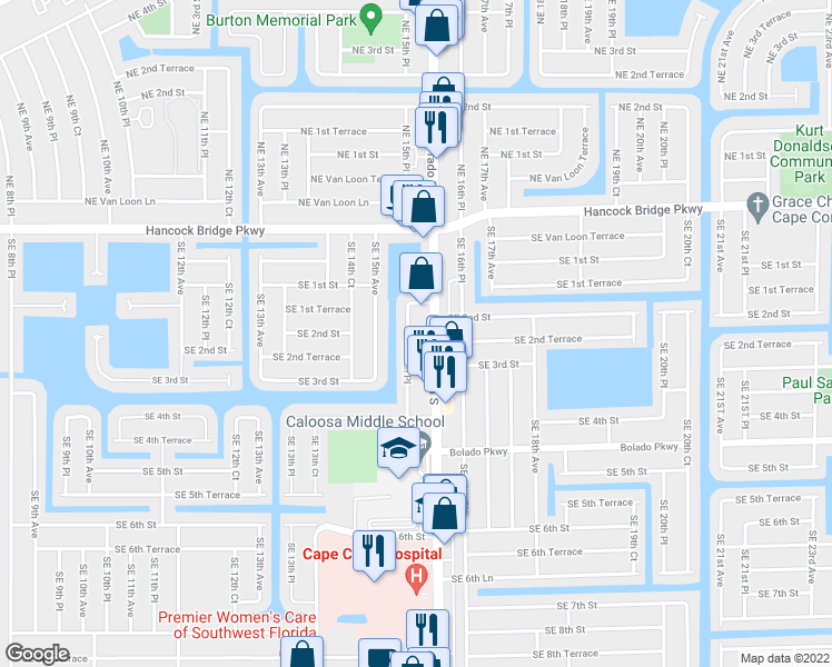 map of restaurants, bars, coffee shops, grocery stores, and more near 211 Southeast 15th Place in Cape Coral