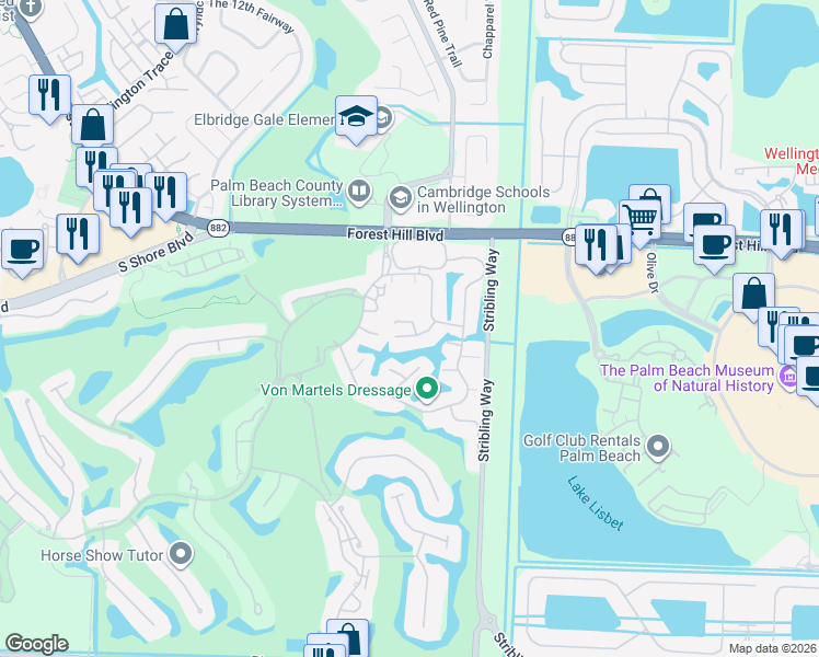 map of restaurants, bars, coffee shops, grocery stores, and more near 11198 Polo Club Road in Wellington