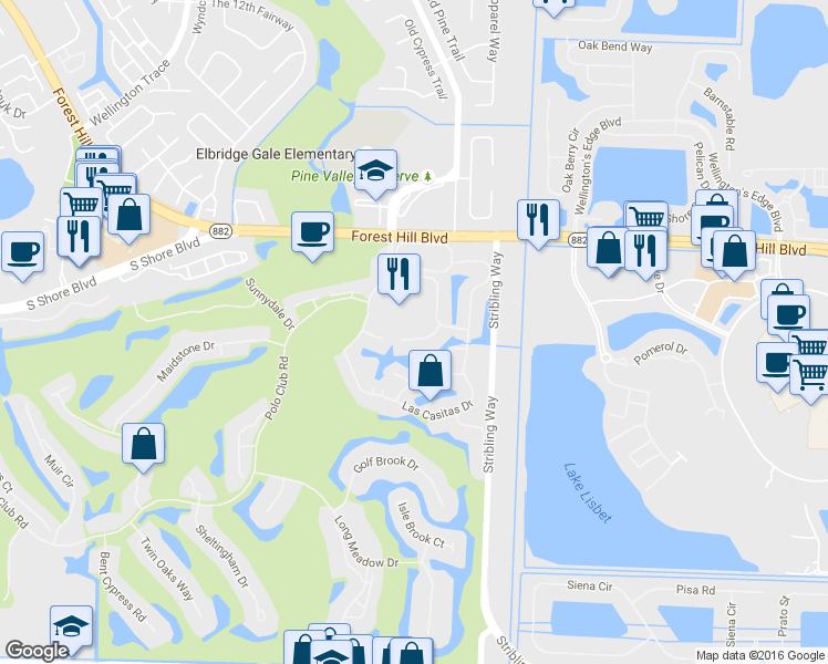 map of restaurants, bars, coffee shops, grocery stores, and more near 11831 Rene Lacoste Place in Wellington