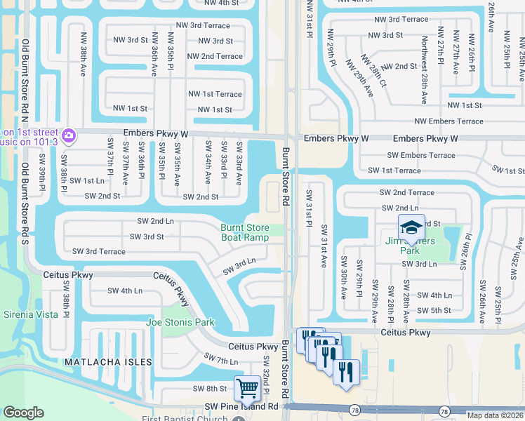 map of restaurants, bars, coffee shops, grocery stores, and more near 201 Shadroe Cove Circle in Cape Coral