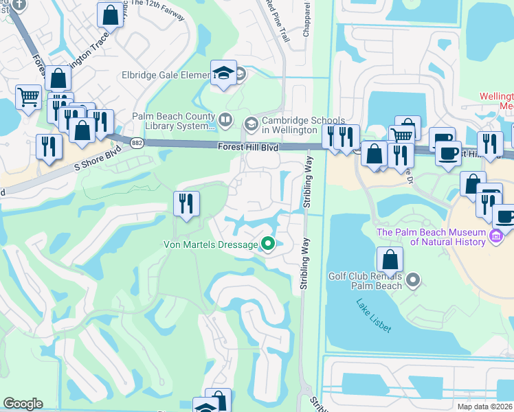 map of restaurants, bars, coffee shops, grocery stores, and more near 11831 Rene Lacoste Place in Wellington