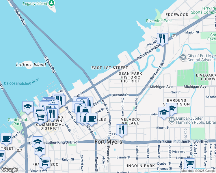 map of restaurants, bars, coffee shops, grocery stores, and more near 1550 Evans Avenue in Fort Myers