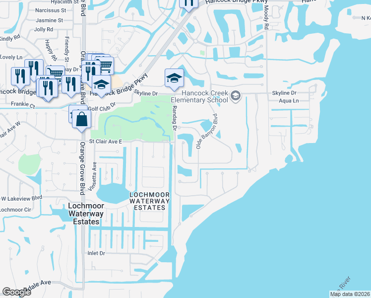 map of restaurants, bars, coffee shops, grocery stores, and more near 12761 Olde Banyon Boulevard in North Fort Myers