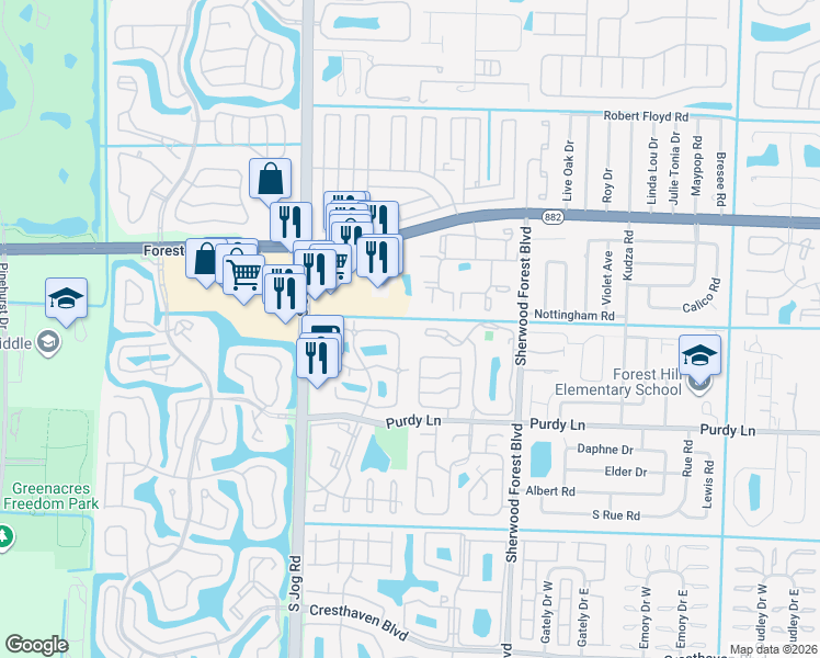 map of restaurants, bars, coffee shops, grocery stores, and more near 2152 White Pine Circle in Greenacres