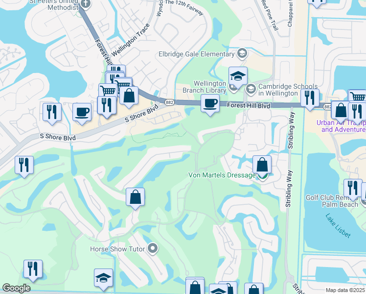 map of restaurants, bars, coffee shops, grocery stores, and more near 11663 Maidstone Drive in Wellington