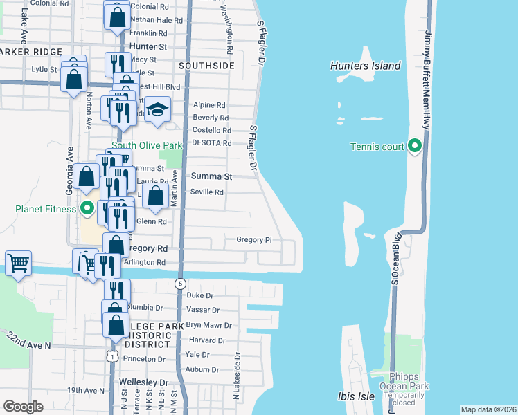 map of restaurants, bars, coffee shops, grocery stores, and more near 7601 South Flagler Drive in West Palm Beach