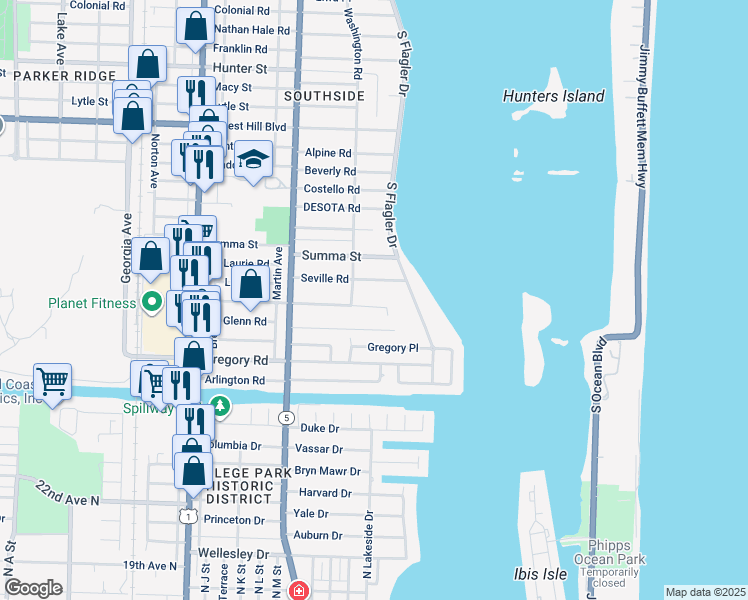 map of restaurants, bars, coffee shops, grocery stores, and more near 146 Seville Road in West Palm Beach
