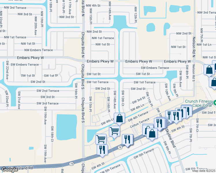 map of restaurants, bars, coffee shops, grocery stores, and more near 1413 Southwest 2nd Street in Cape Coral