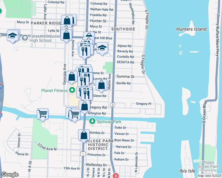 map of restaurants, bars, coffee shops, grocery stores, and more near 260 Seville Road in West Palm Beach