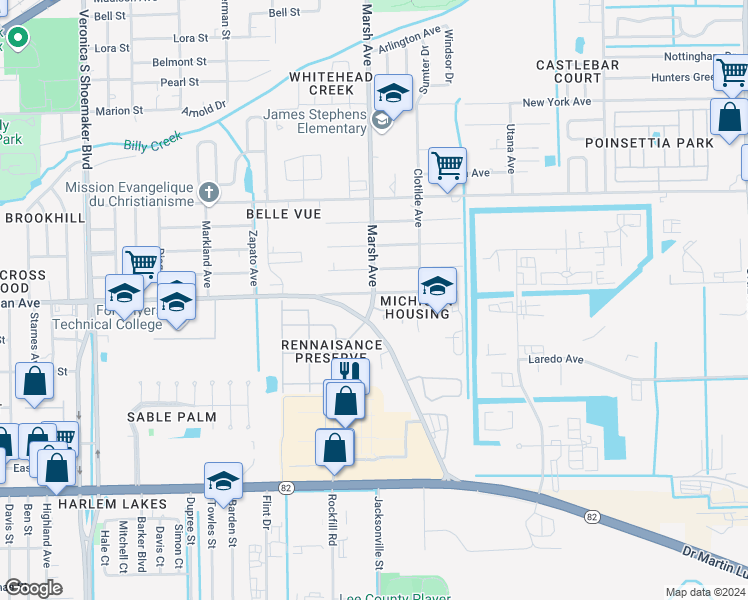 map of restaurants, bars, coffee shops, grocery stores, and more near 1519 Marsh Avenue in Fort Myers