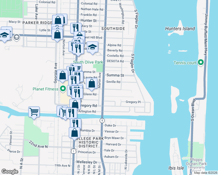 map of restaurants, bars, coffee shops, grocery stores, and more near 245 Alhambra Place in West Palm Beach